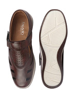 Shop Men Brown Laser Cut Design Perforated Day Long Comfort Hook and Loop Sandals Online.