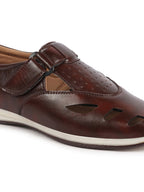Shop Men Brown Laser Cut Design Perforated Day Long Comfort Hook and Loop Sandals Online.
