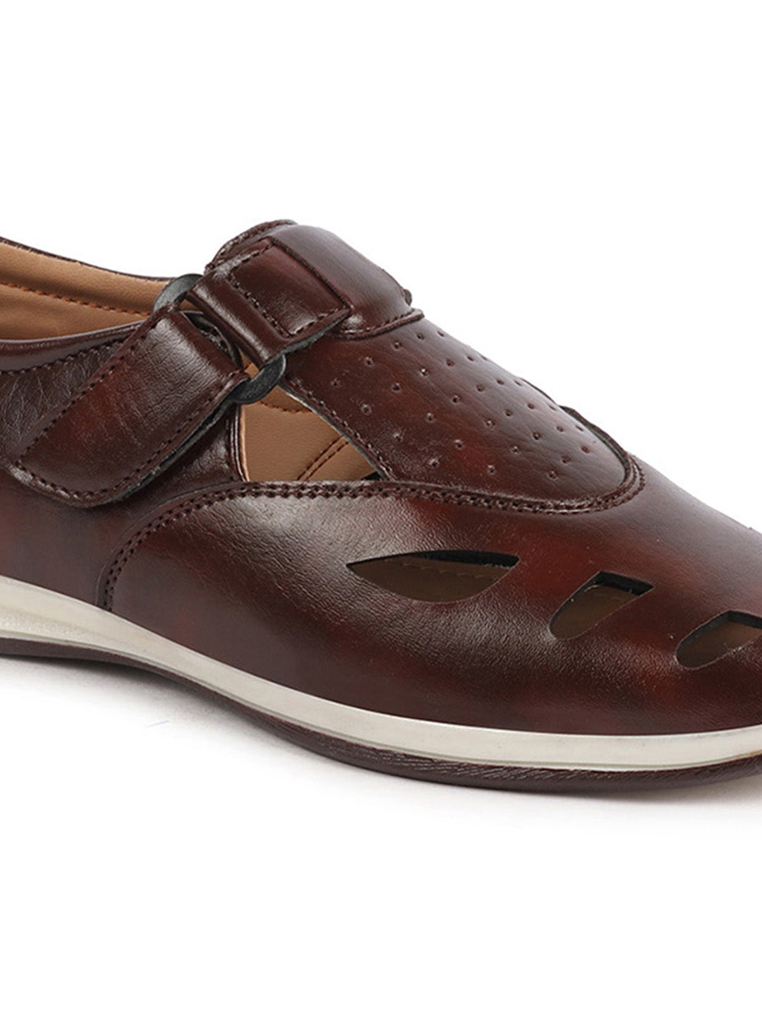 Shop Men Brown Laser Cut Design Perforated Day Long Comfort Hook and Loop Sandals Online.