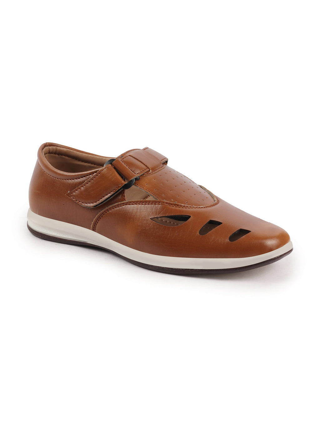 Shop Men Tan Laser Cut Design Perforated Day Long Comfort Hook and Loop Sandals Online.