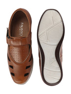 Shop Men Tan Laser Cut Design Perforated Day Long Comfort Hook and Loop Sandals Online.