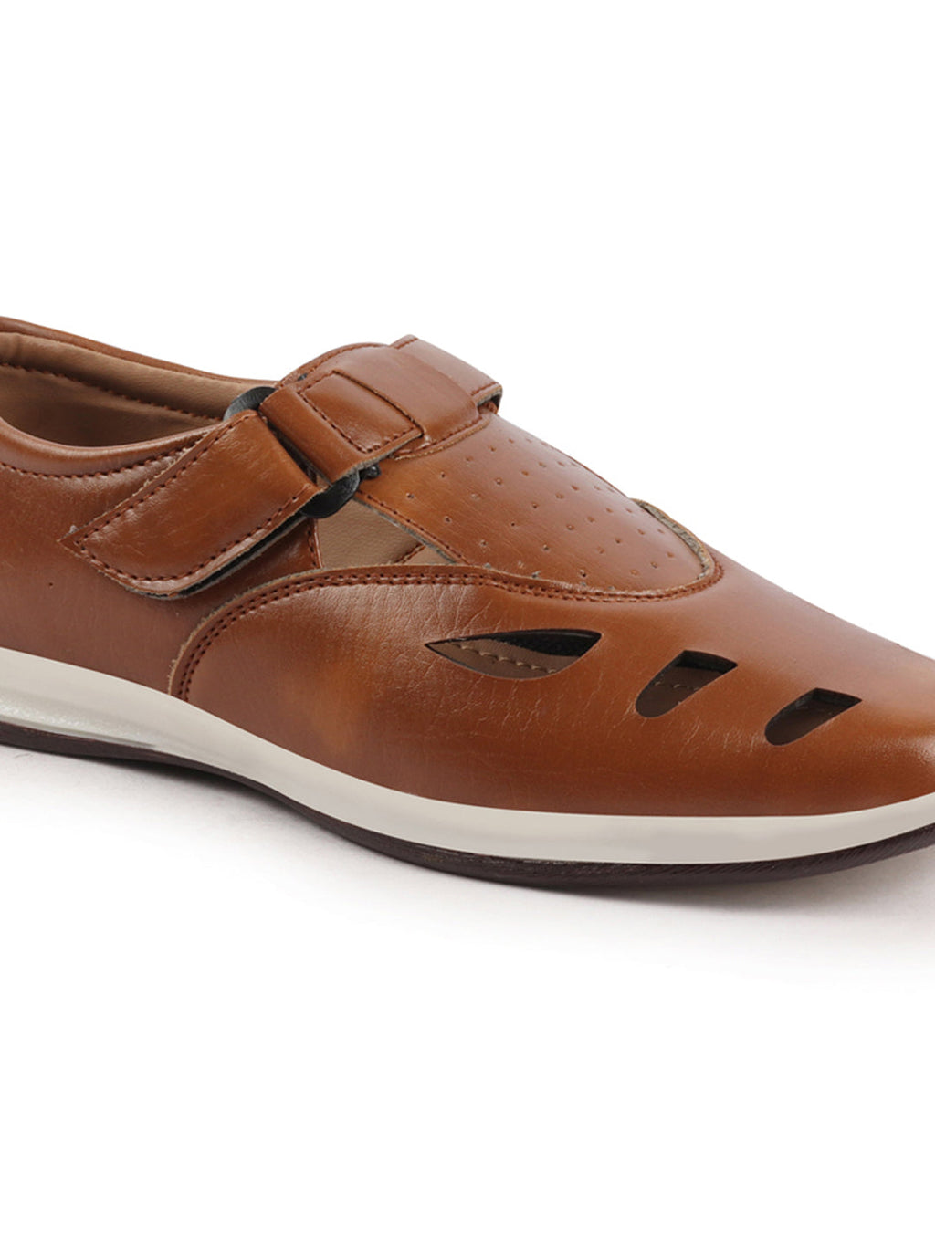 Shop Men Tan Laser Cut Design Perforated Day Long Comfort Hook and Loop Sandals Online.