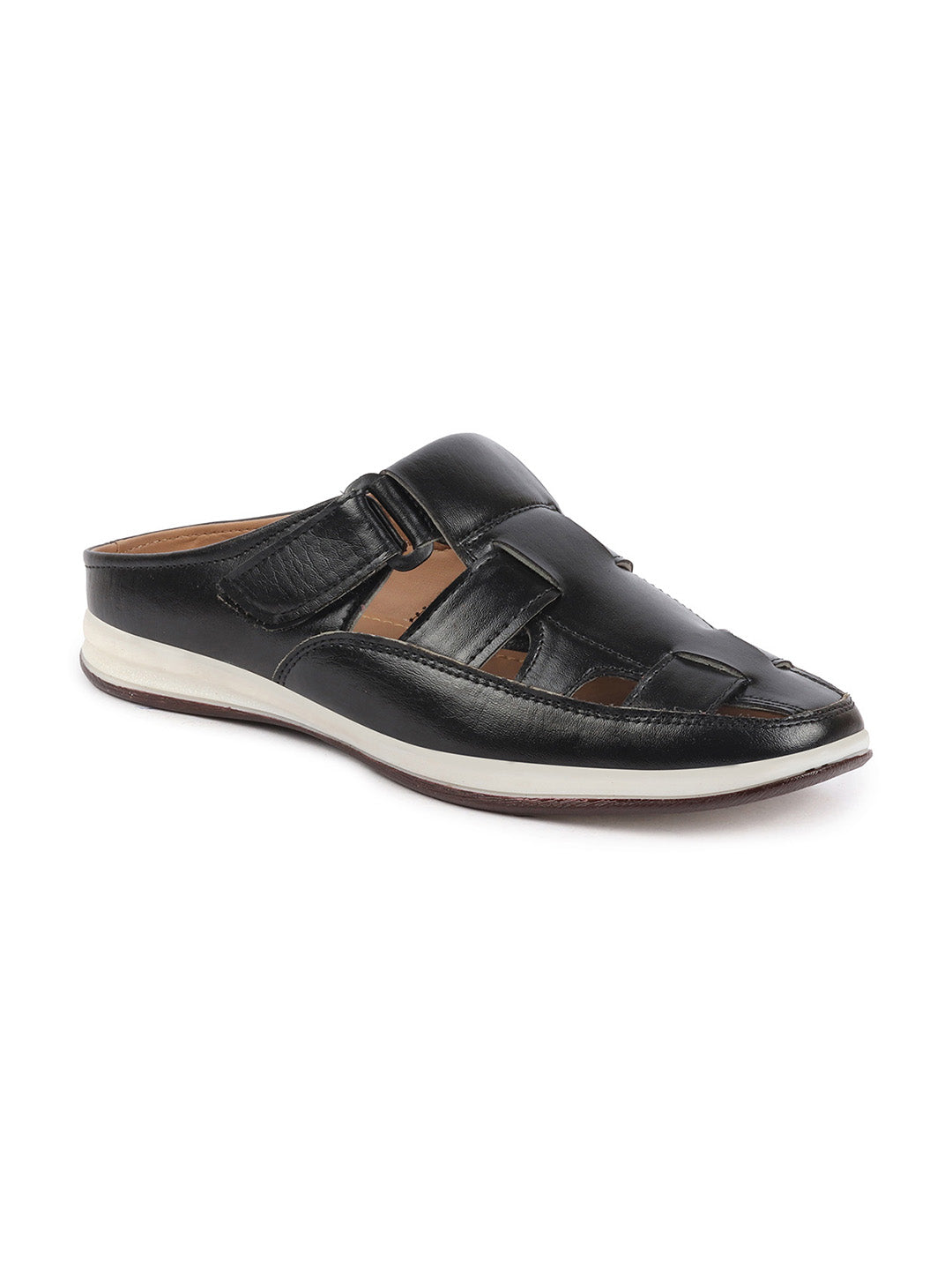 Shop Men Black Laser Cut Design Multi Strap Back Open Perforated Hook and Loop Sandals Online.