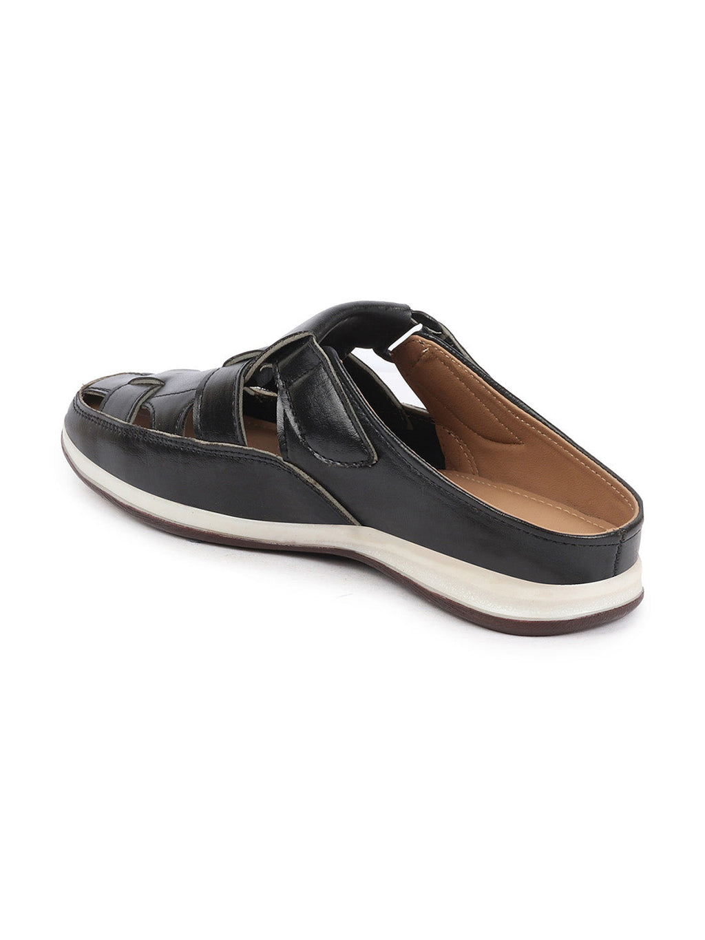 Shop Men Black Laser Cut Design Multi Strap Back Open Perforated Hook and Loop Sandals Online.