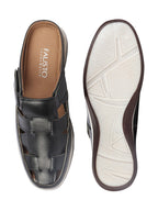 Shop Men Black Laser Cut Design Multi Strap Back Open Perforated Hook and Loop Sandals Online.