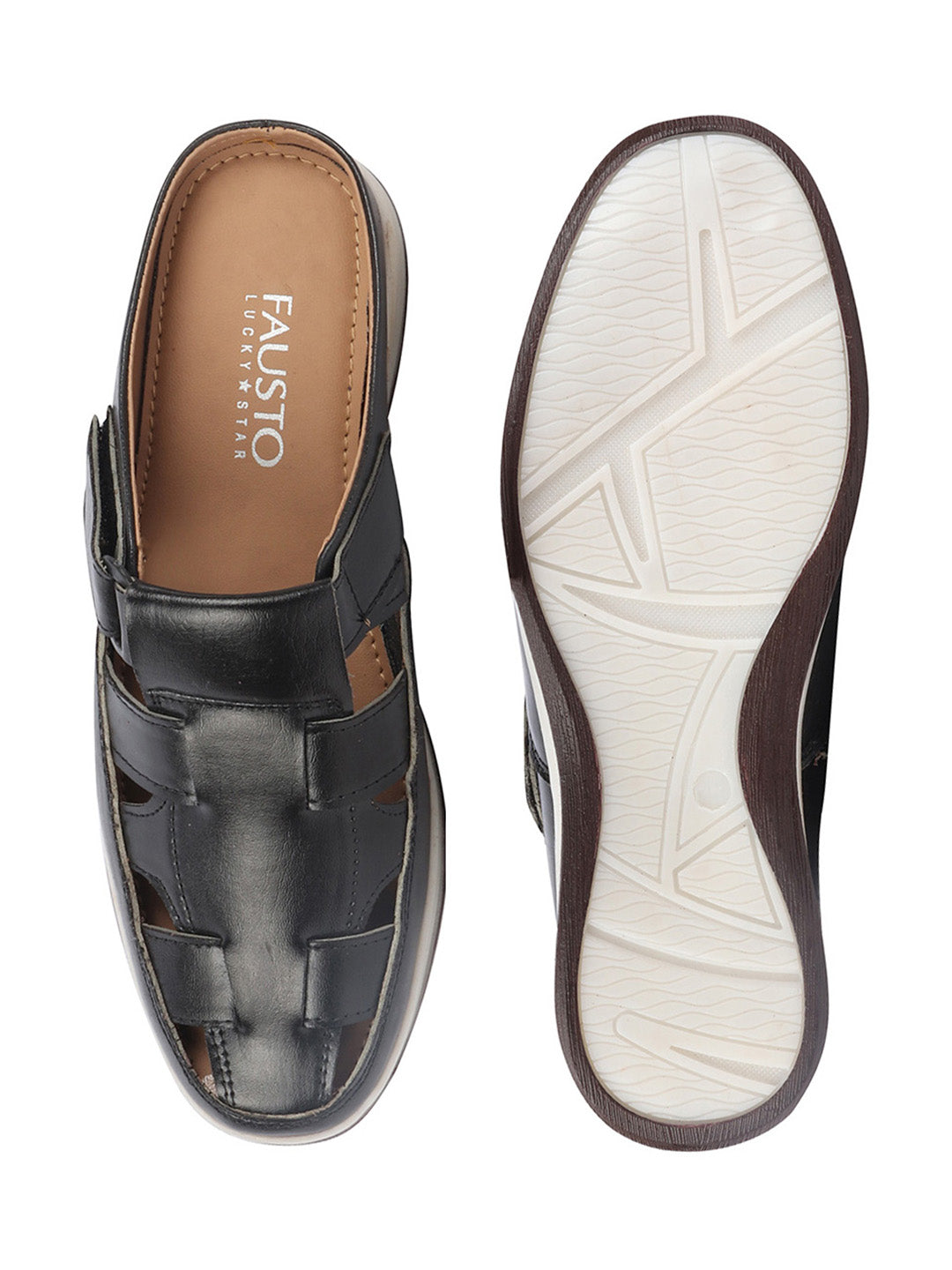 Shop Men Black Laser Cut Design Multi Strap Back Open Perforated Hook and Loop Sandals Online.
