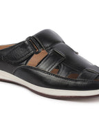 Shop Men Black Laser Cut Design Multi Strap Back Open Perforated Hook and Loop Sandals Online.