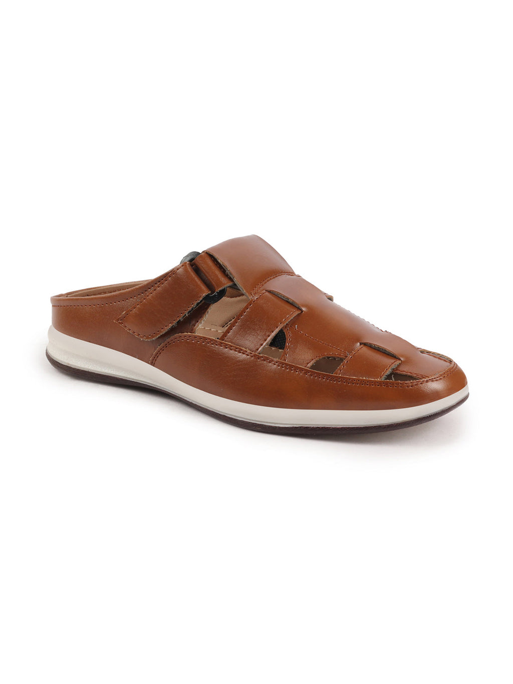 Shop Men Tan Laser Cut Design Multi Strap Back Open Perforated Hook and Loop Sandals Online.