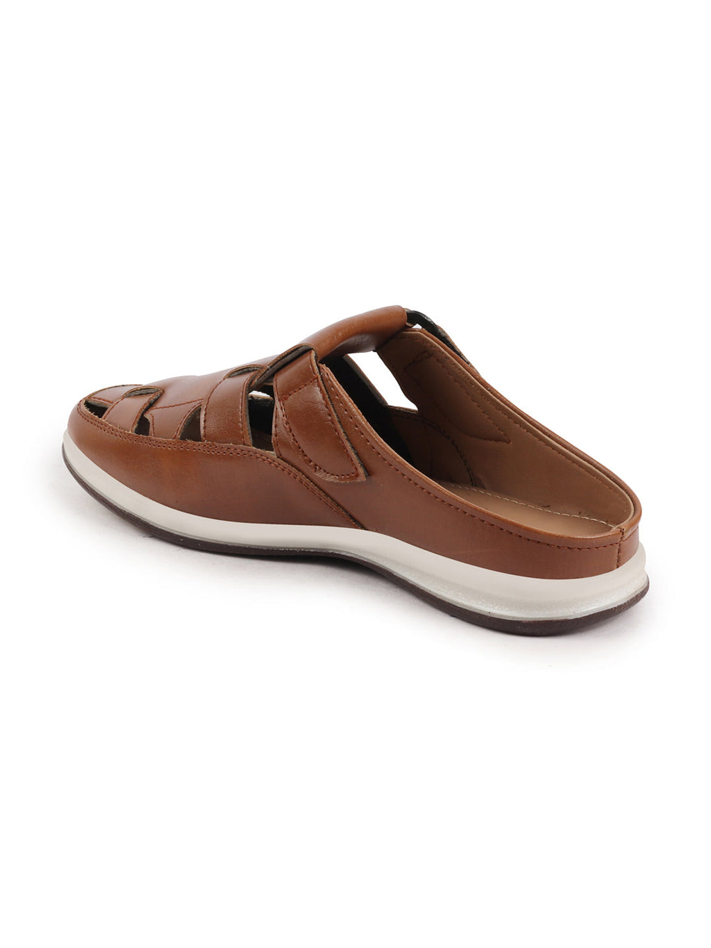 Shop Men Tan Laser Cut Design Multi Strap Back Open Perforated Hook and Loop Sandals Online.