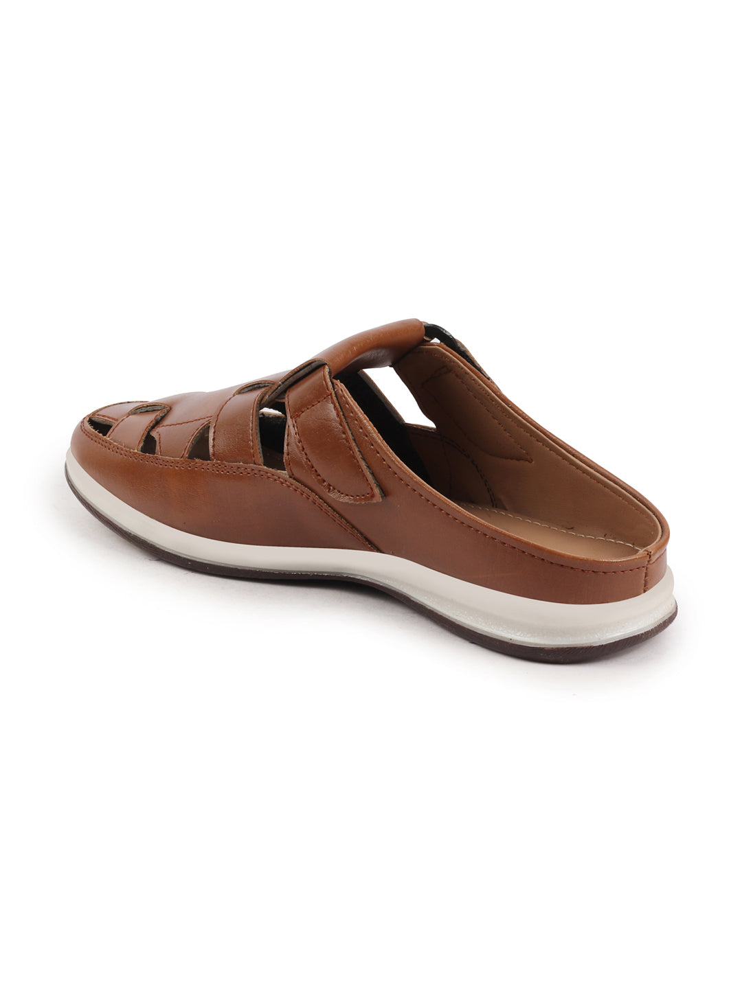 Shop Men Tan Laser Cut Design Multi Strap Back Open Perforated Hook and Loop Sandals Online.