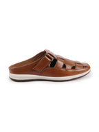 Shop Men Tan Laser Cut Design Multi Strap Back Open Perforated Hook and Loop Sandals Online.