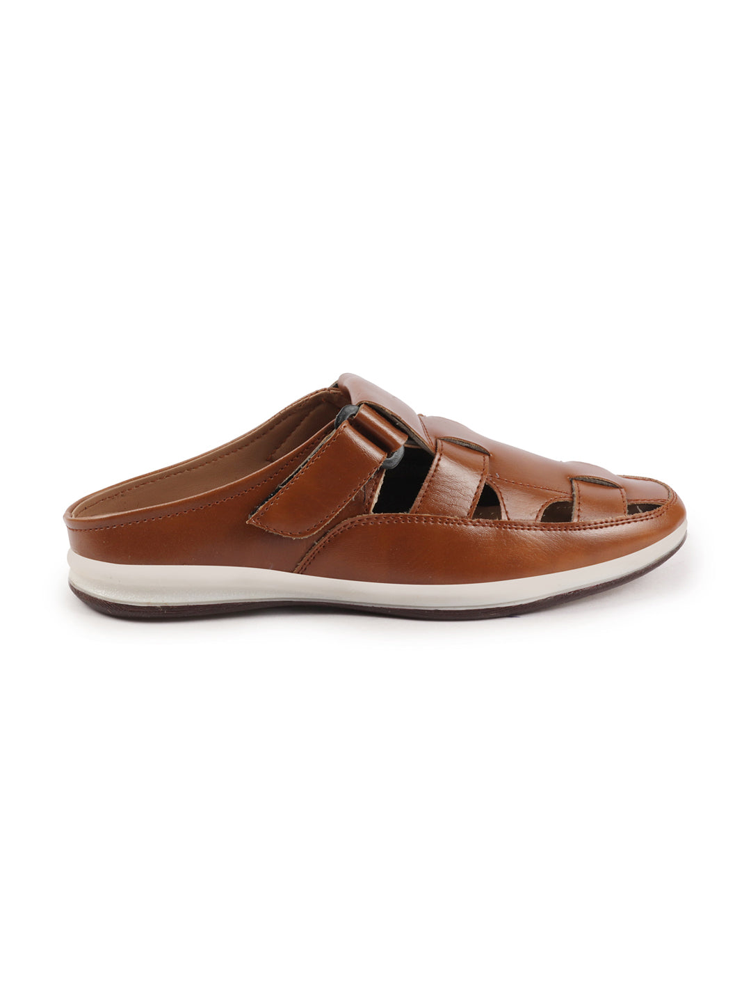 Shop Men Tan Laser Cut Design Multi Strap Back Open Perforated Hook and Loop Sandals Online.