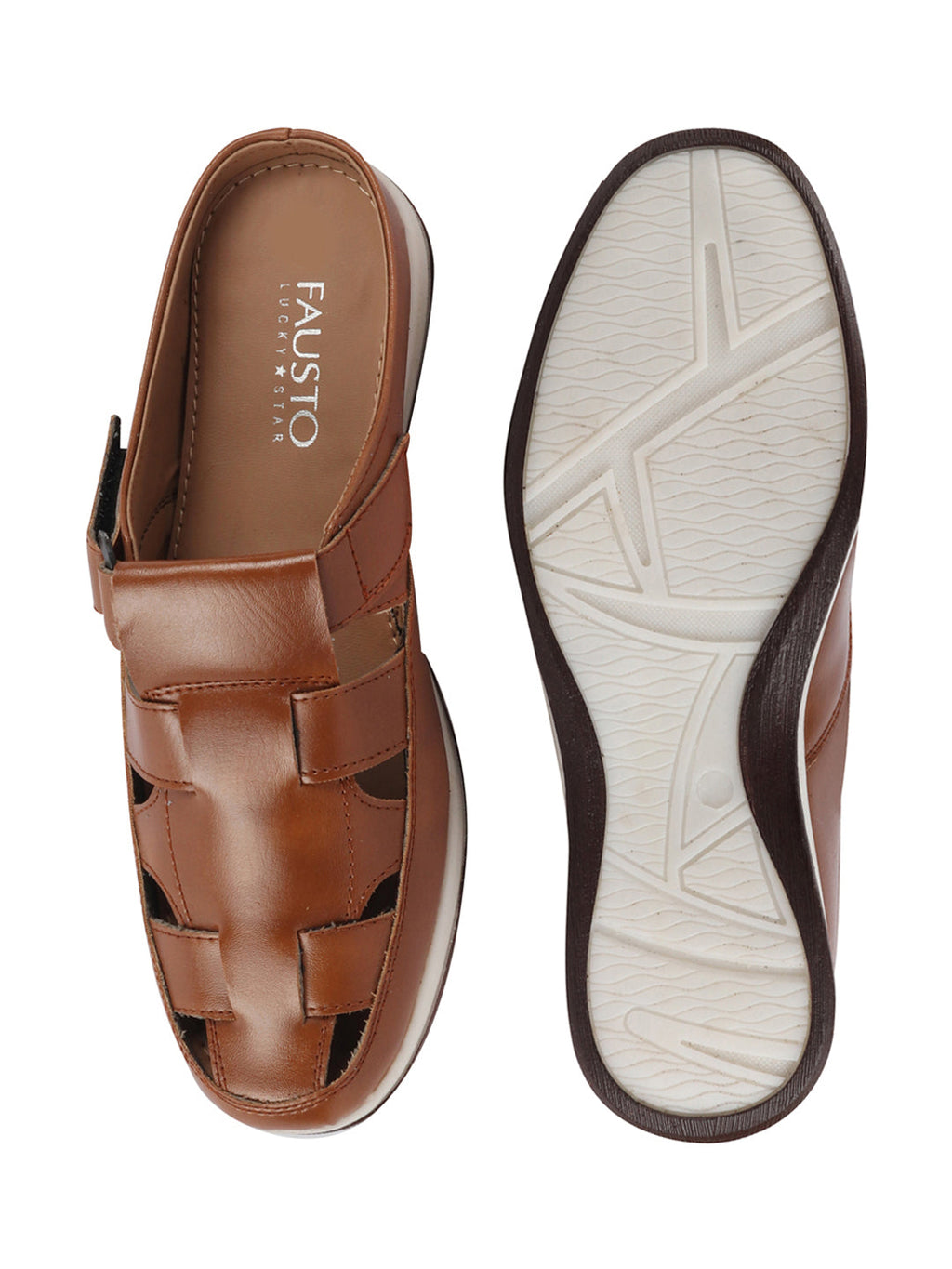 Shop Men Tan Laser Cut Design Multi Strap Back Open Perforated Hook and Loop Sandals Online.