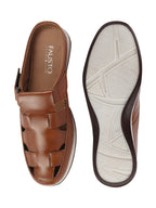 Shop Men Tan Laser Cut Design Multi Strap Back Open Perforated Hook and Loop Sandals Online.