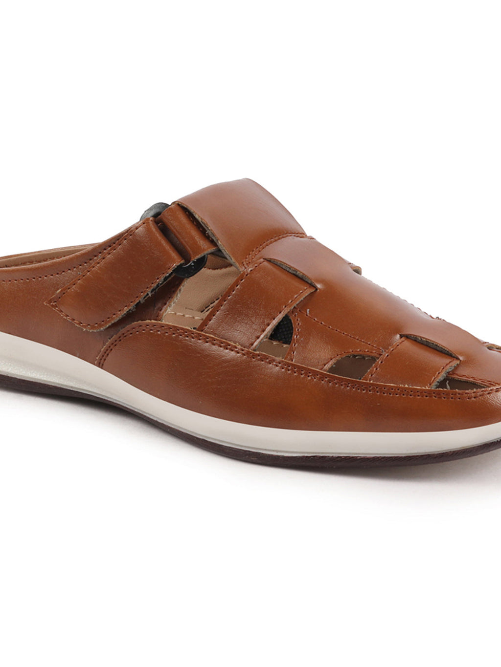 Shop Men Tan Laser Cut Design Multi Strap Back Open Perforated Hook and Loop Sandals Online.