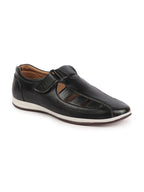 Shop Men Black Laser Cut Design Day Long Comfort Hook and Loop Casual Sandals Online.