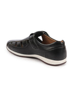 Shop Men Black Laser Cut Design Day Long Comfort Hook and Loop Casual Sandals Online.