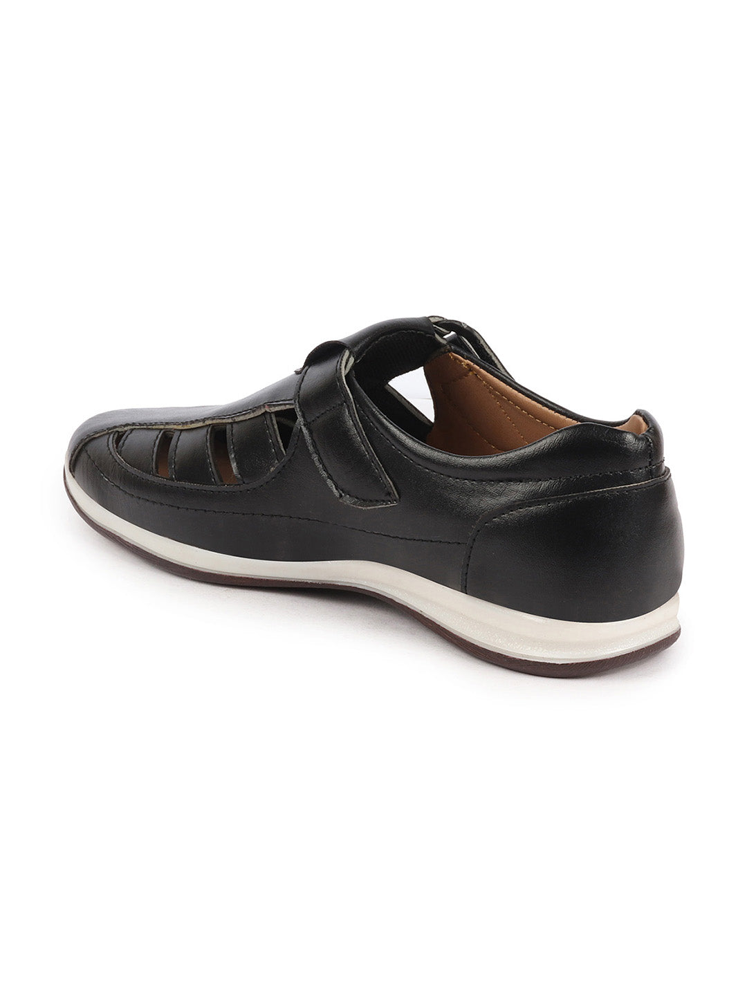 Shop Men Black Laser Cut Design Day Long Comfort Hook and Loop Casual Sandals Online.