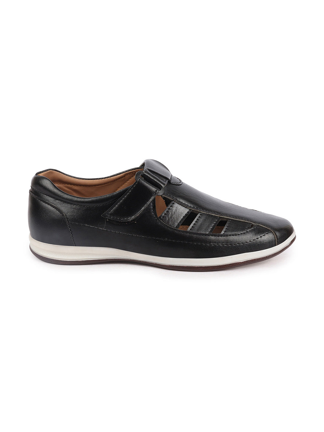 Shop Men Black Laser Cut Design Day Long Comfort Hook and Loop Casual Sandals Online.