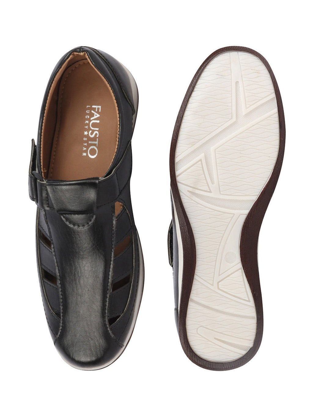 Shop Men Black Laser Cut Design Day Long Comfort Hook and Loop Casual Sandals Online.