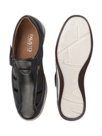 Shop Men Black Laser Cut Design Day Long Comfort Hook and Loop Casual Sandals Online.