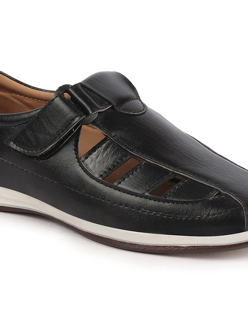 Shop Men Black Laser Cut Design Day Long Comfort Hook and Loop Casual Sandals Online.