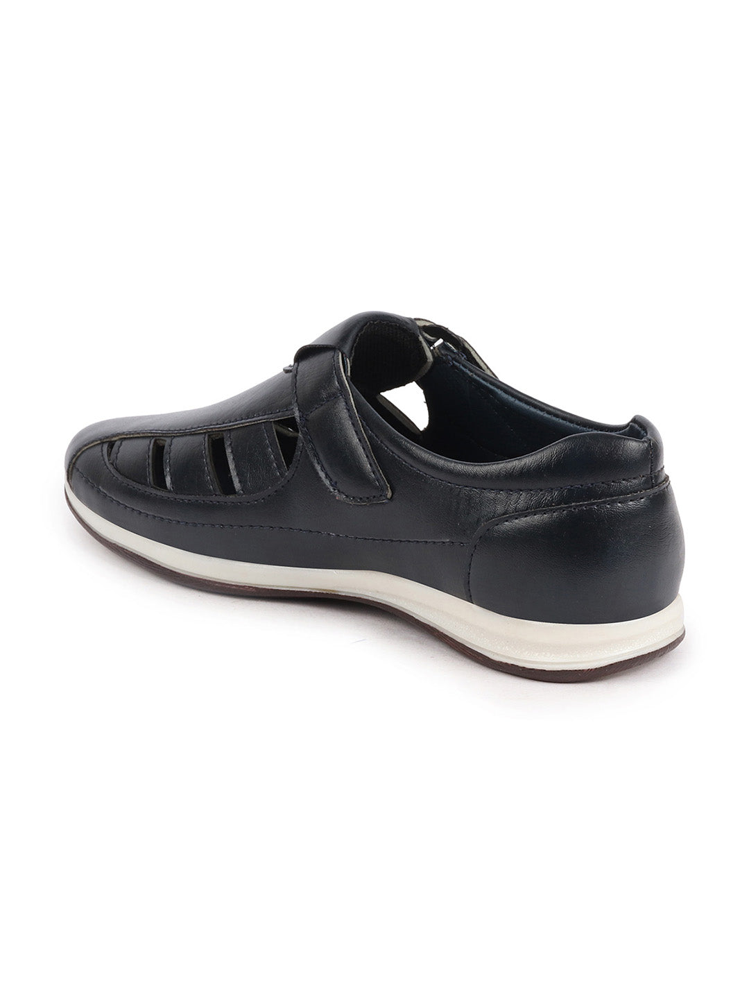 Shop Men Blue Laser Cut Design Day Long Comfort Hook and Loop Casual Sandals Online.