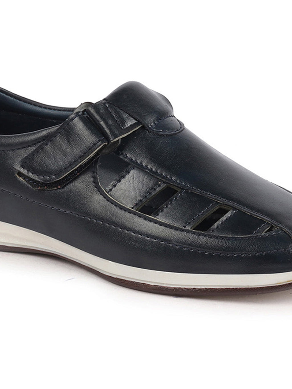 Shop Men Blue Laser Cut Design Day Long Comfort Hook and Loop Casual Sandals Online.