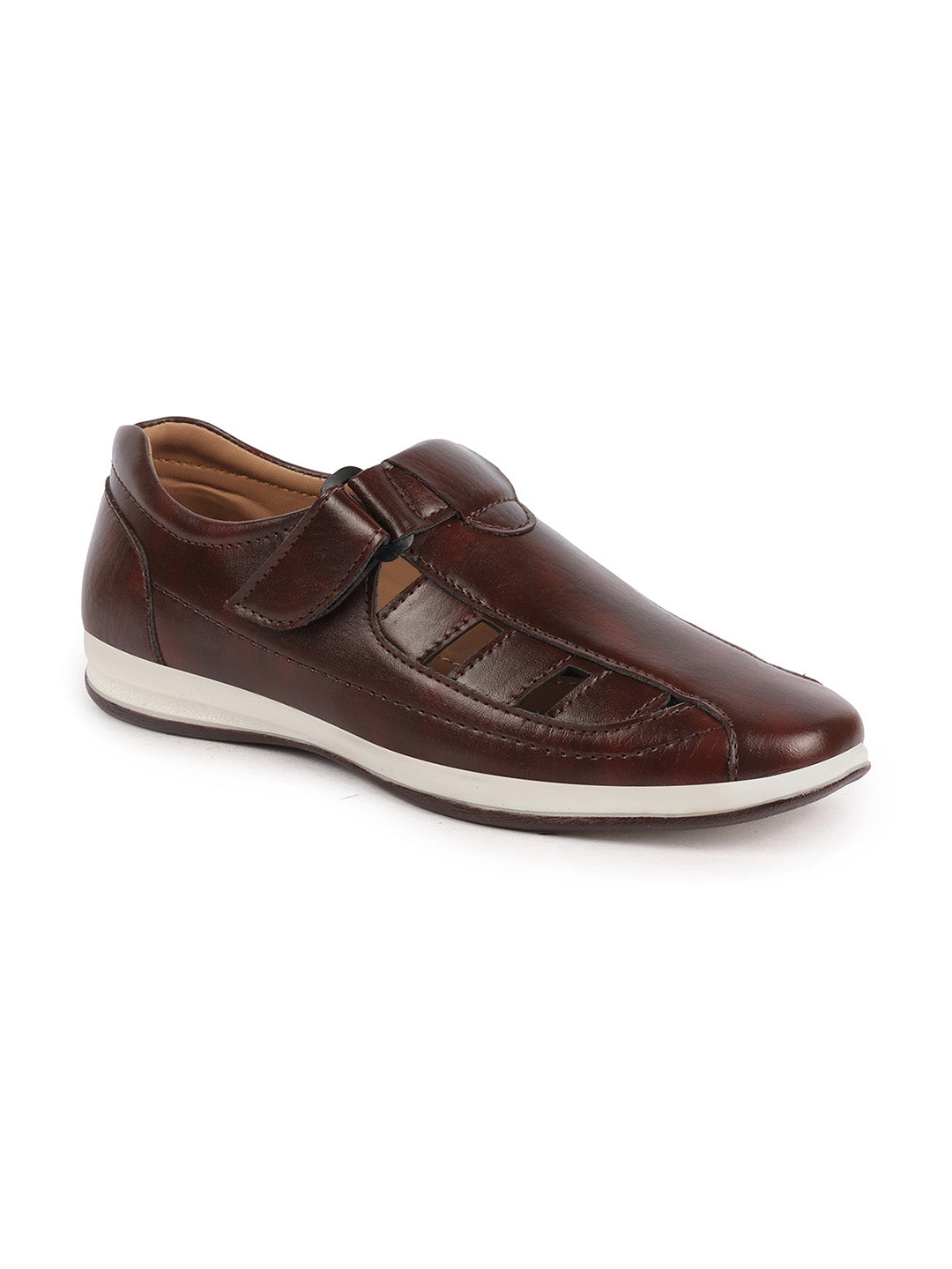 Shop Men Brown Laser Cut Design Day Long Comfort Hook and Loop Casual Sandals Online.