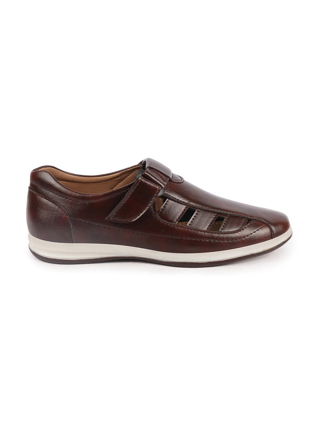 Shop Men Brown Laser Cut Design Day Long Comfort Hook and Loop Casual Sandals Online.