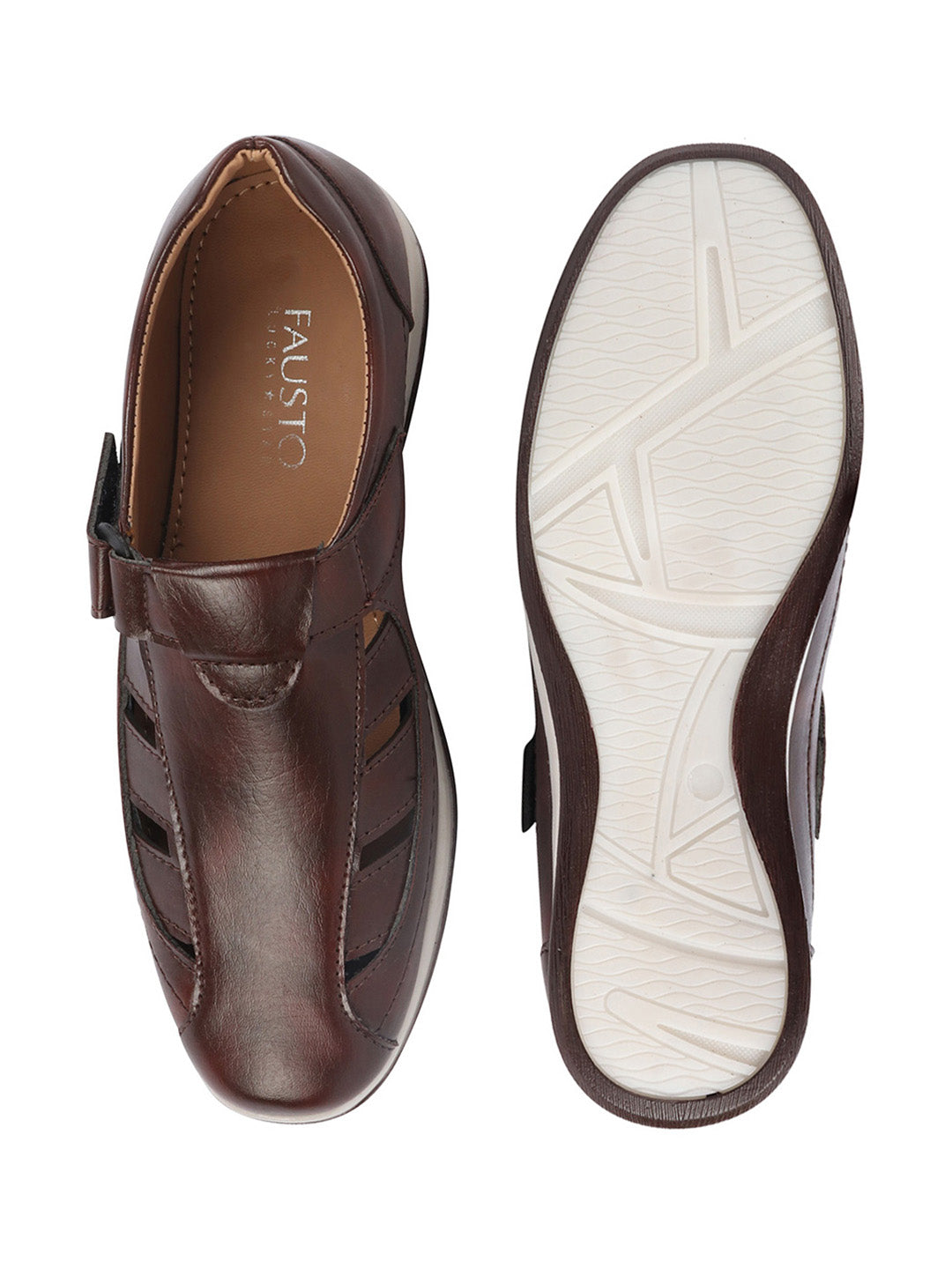 Shop Men Brown Laser Cut Design Day Long Comfort Hook and Loop Casual Sandals Online.