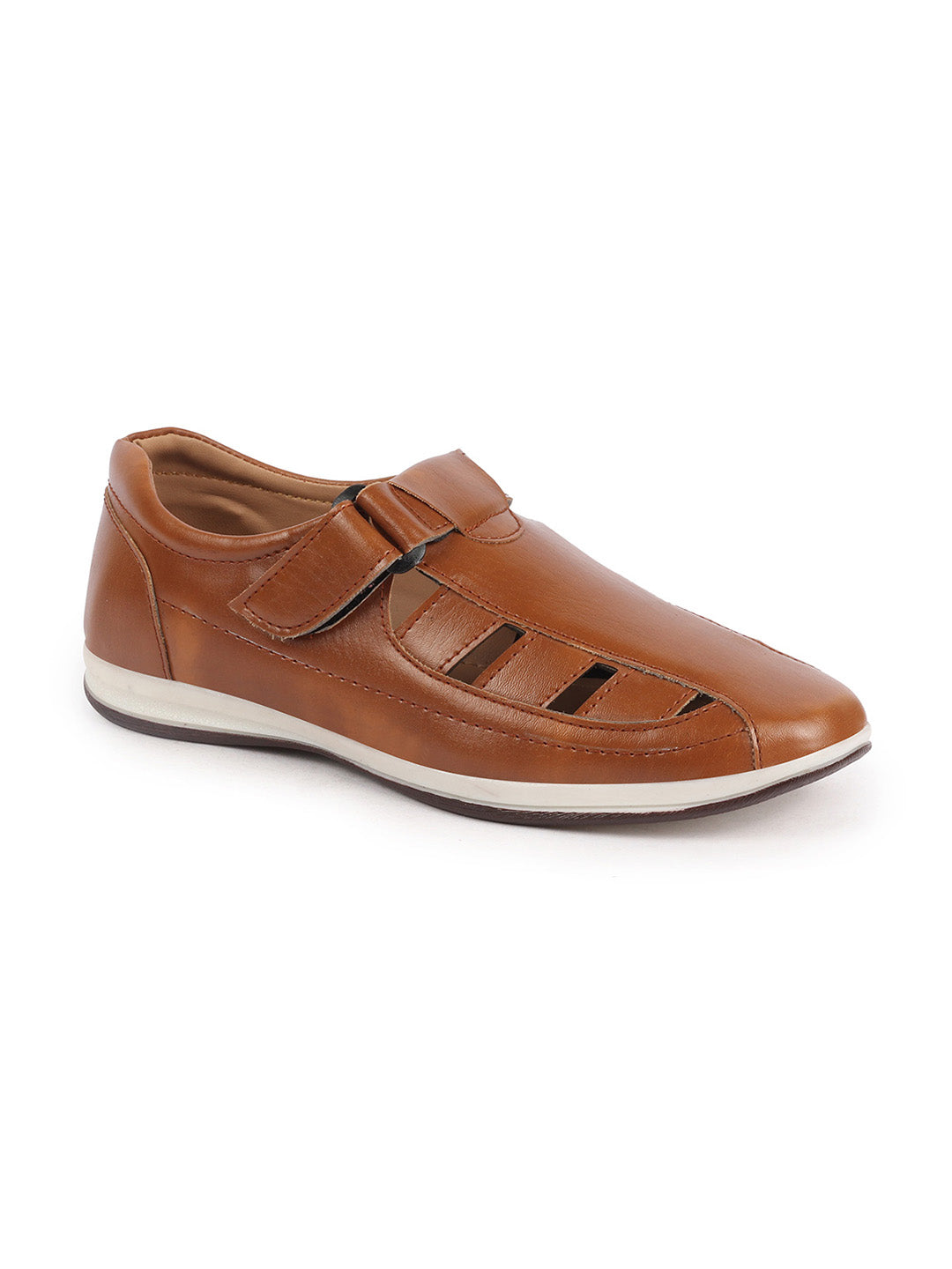 Shop Men Tan Laser Cut Design Day Long Comfort Hook and Loop Casual Sandals Online.