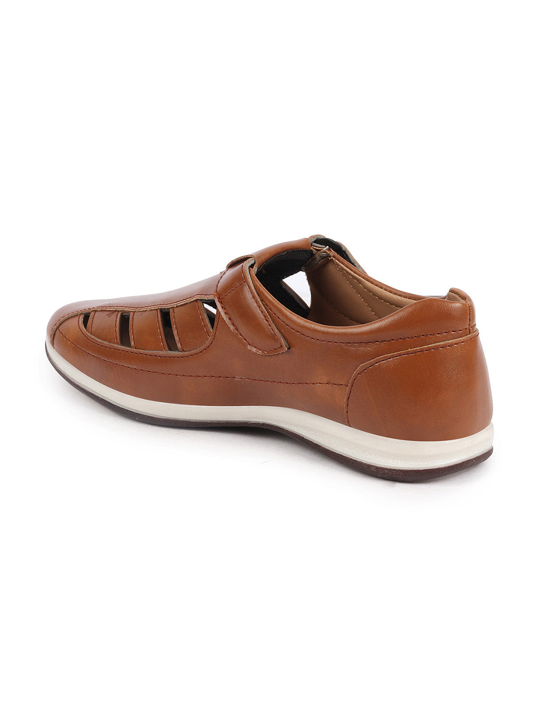Shop Men Tan Laser Cut Design Day Long Comfort Hook and Loop Casual Sandals Online.