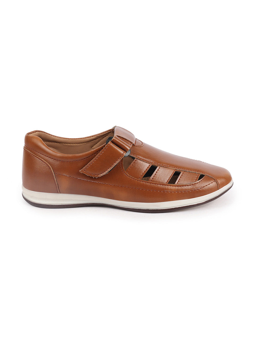 Shop Men Tan Laser Cut Design Day Long Comfort Hook and Loop Casual Sandals Online.