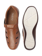 Shop Men Tan Laser Cut Design Day Long Comfort Hook and Loop Casual Sandals Online.