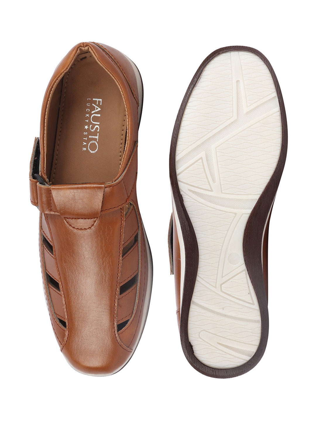 Shop Men Tan Laser Cut Design Day Long Comfort Hook and Loop Casual Sandals Online.