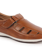 Shop Men Tan Laser Cut Design Day Long Comfort Hook and Loop Casual Sandals Online.