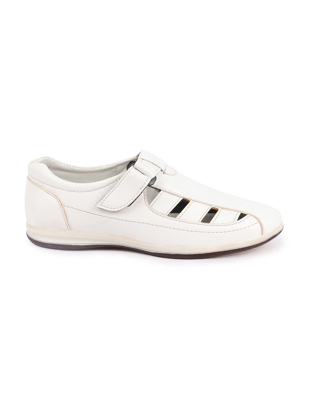 Shop Men White Laser Cut Design Day Long Comfort Hook and Loop Casual Sandals Online.