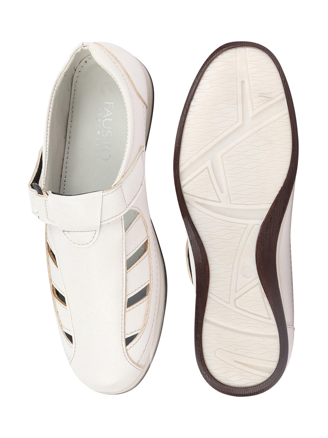 Shop Men White Laser Cut Design Day Long Comfort Hook and Loop Casual Sandals Online.