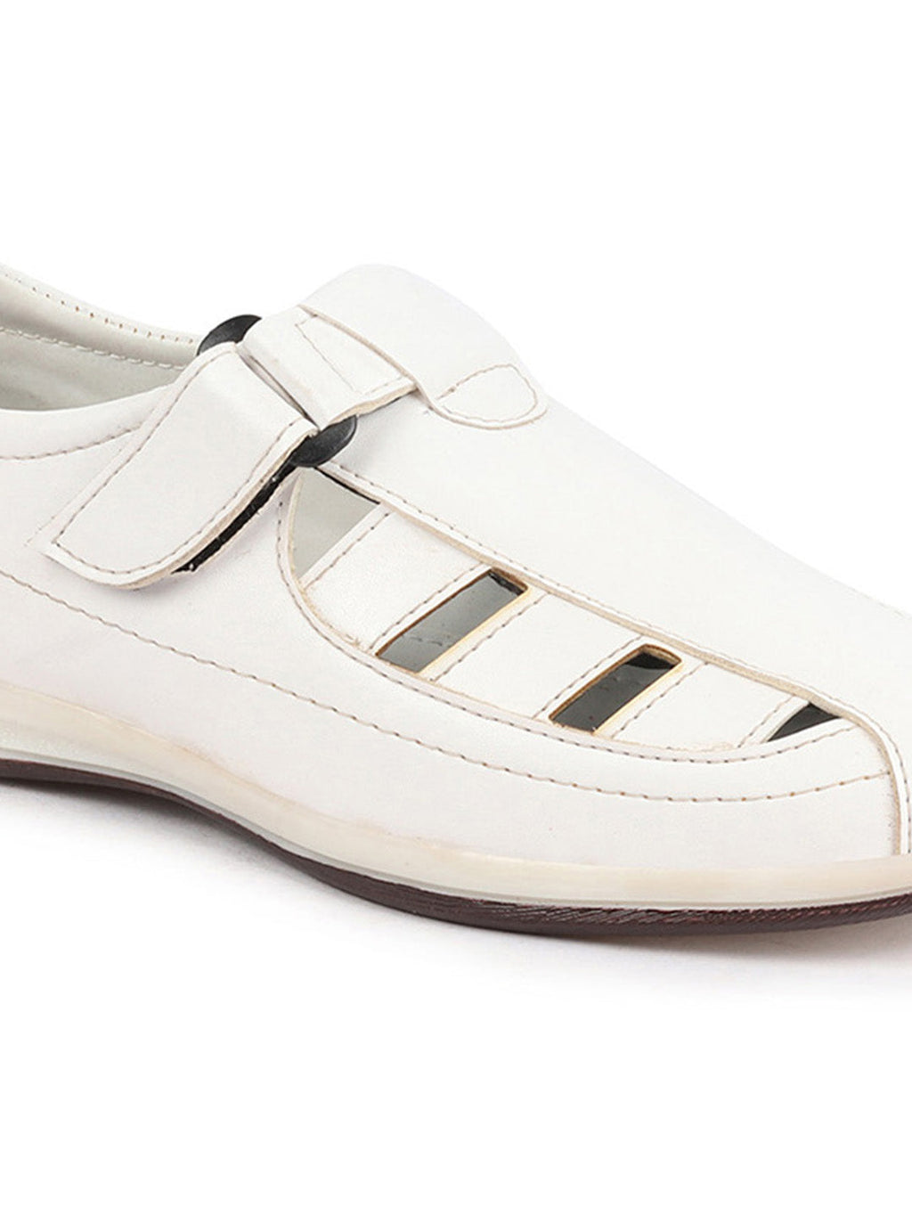 Shop Men White Laser Cut Design Day Long Comfort Hook and Loop Casual Sandals Online.