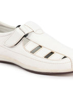 Shop Men White Laser Cut Design Day Long Comfort Hook and Loop Casual Sandals Online.