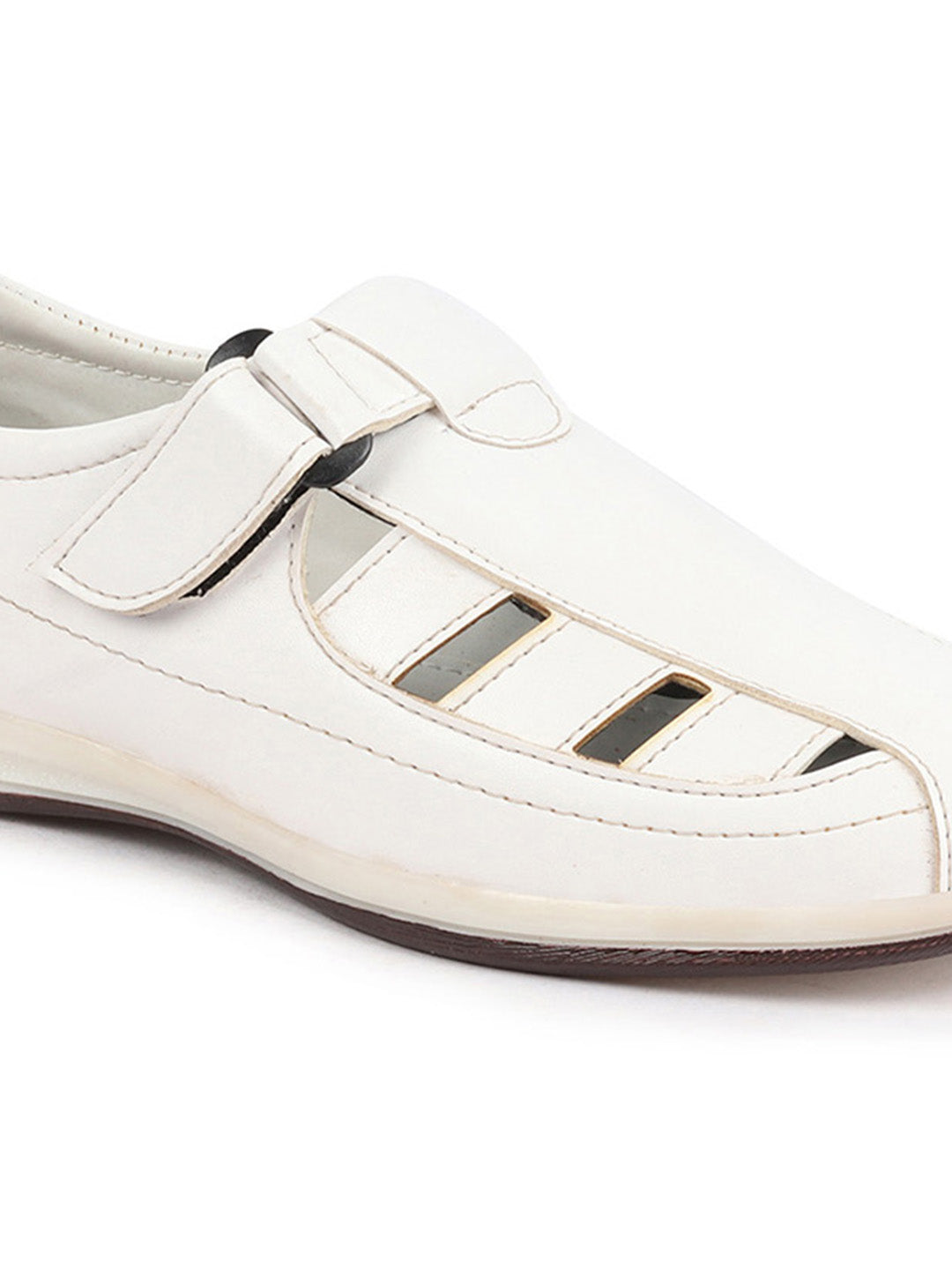 Shop Men White Laser Cut Design Day Long Comfort Hook and Loop Casual Sandals Online.