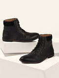Men Black Mid Top Lace Up Leather Boots