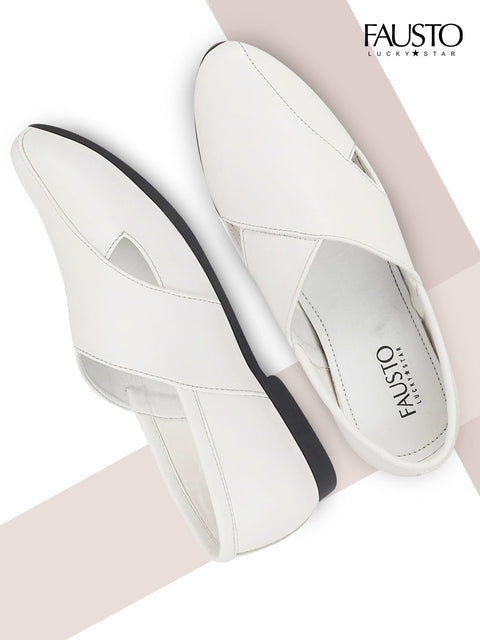 Shop Men Ethnic White Criss Cross Slip On Juttis and Mojaris Online.