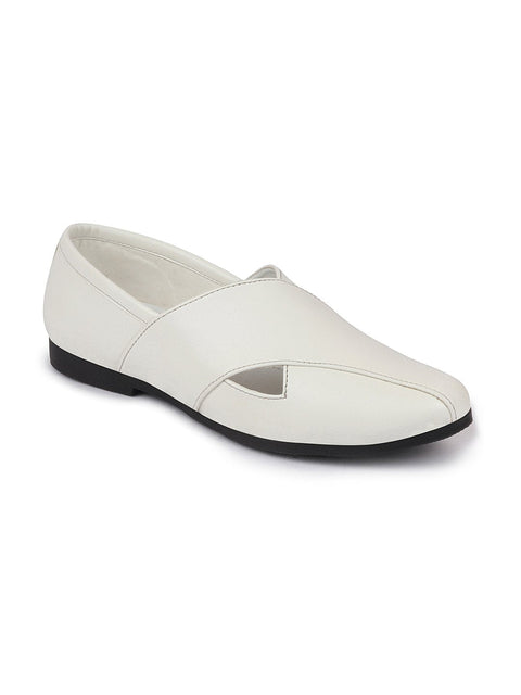Shop Men Ethnic White Criss Cross Slip On Juttis and Mojaris Online.