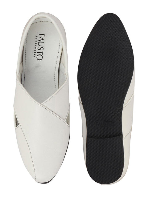 Shop Men Ethnic White Criss Cross Slip On Juttis and Mojaris Online.