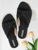 Women Black Bow Design Open Toe Slip On Flats Slippers