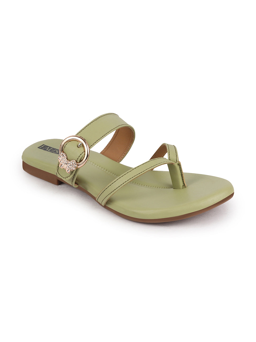 Shop Women Leaf Party Chrome Design Buckle Strap Thong Slip On Flats Slipper Online.