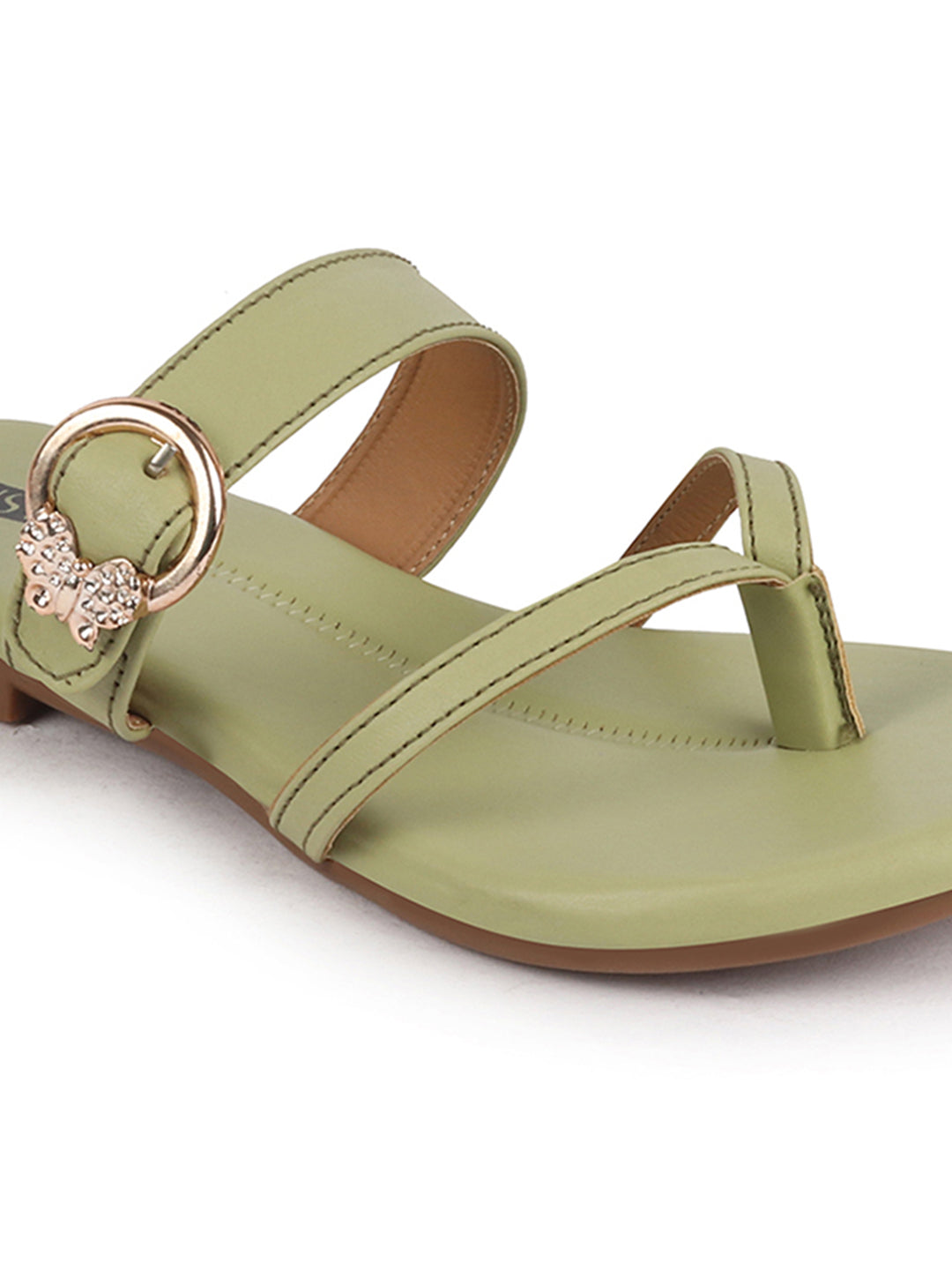 Shop Women Leaf Party Chrome Design Buckle Strap Thong Slip On Flats Slipper Online.