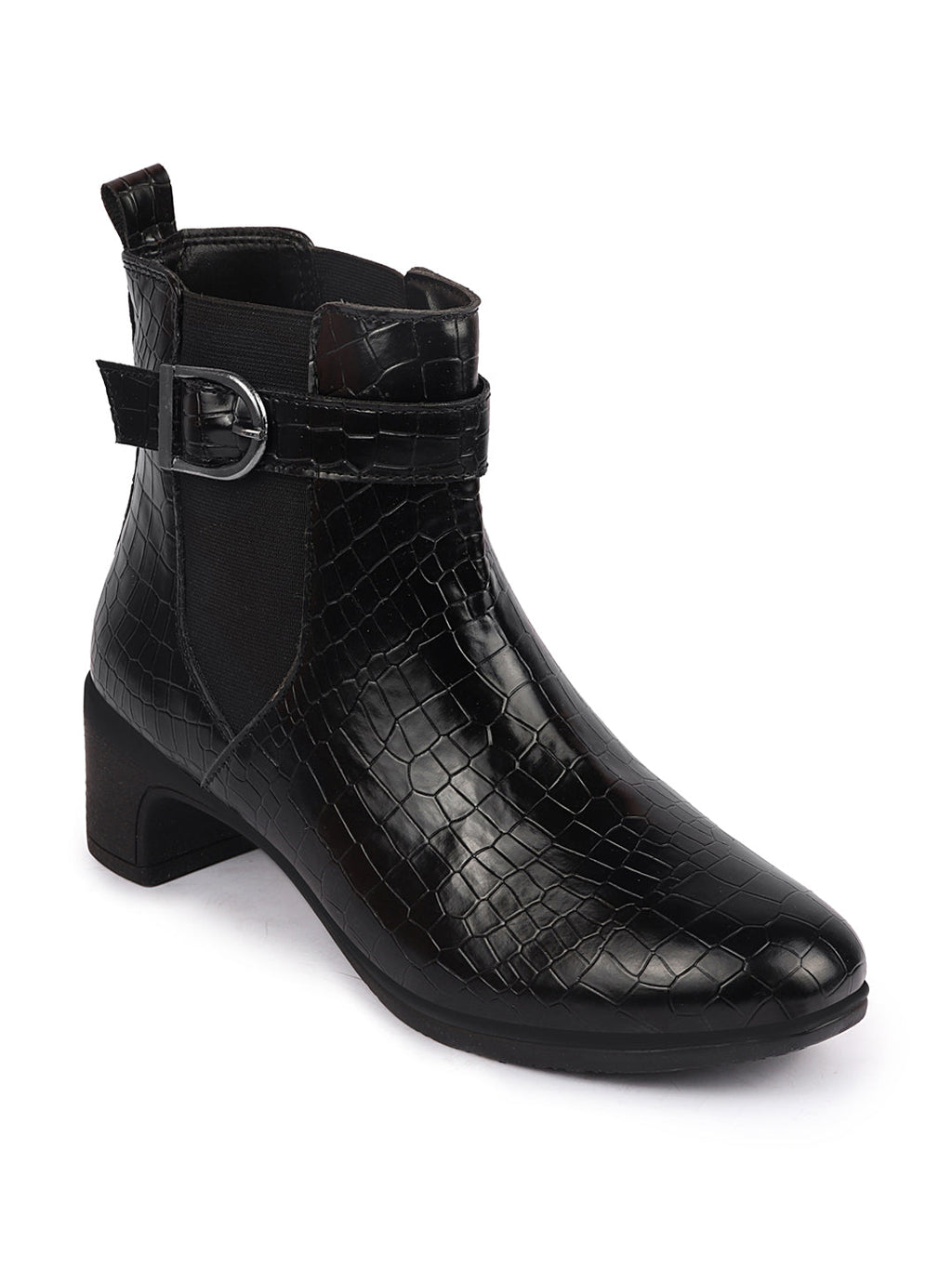 Shop Women Black Flared Heel High Ankle Leopard Print Embossed Design Winter Buckle Strap Chelsea Boots Online.
